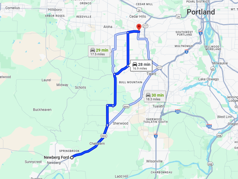 Map to Newberg Ford in Newberg OR from Beaverton